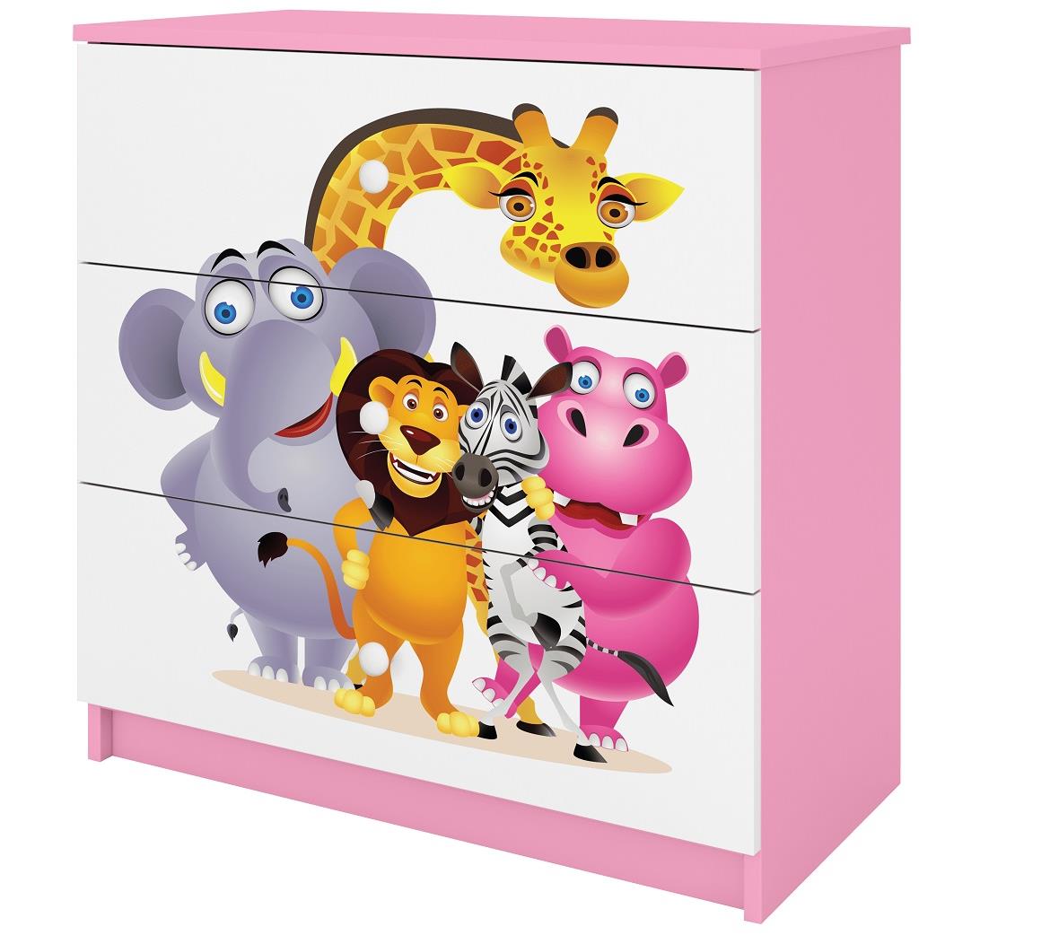 Babydreams komoda 3 fioke 81x41x80,5 cm roze/bela/print zoo