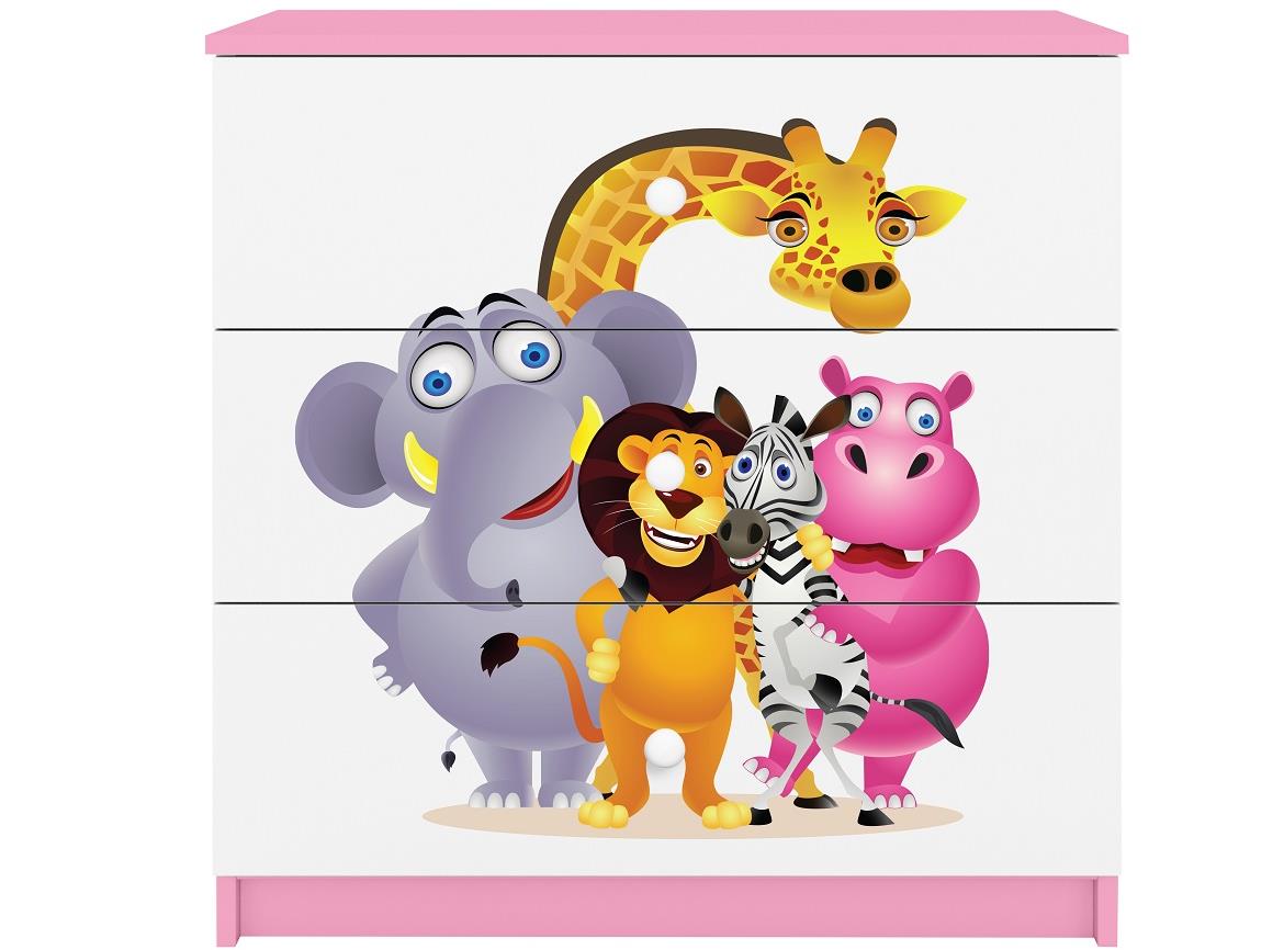 Babydreams komoda 3 fioke 81x41x80,5 cm roze/bela/print zoo