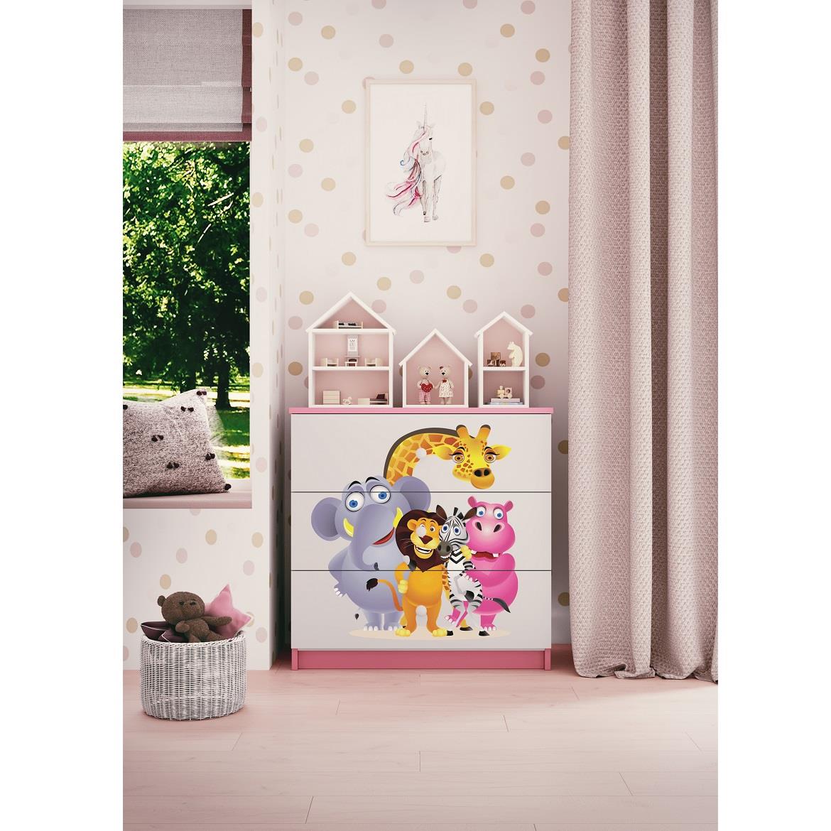 Babydreams komoda 3 fioke 81x41x80,5 cm roze/bela/print zoo