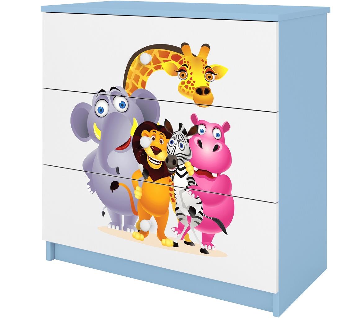 Babydreams komoda 3 fioke 81x41x80,5 cm plava/bela/print zoo