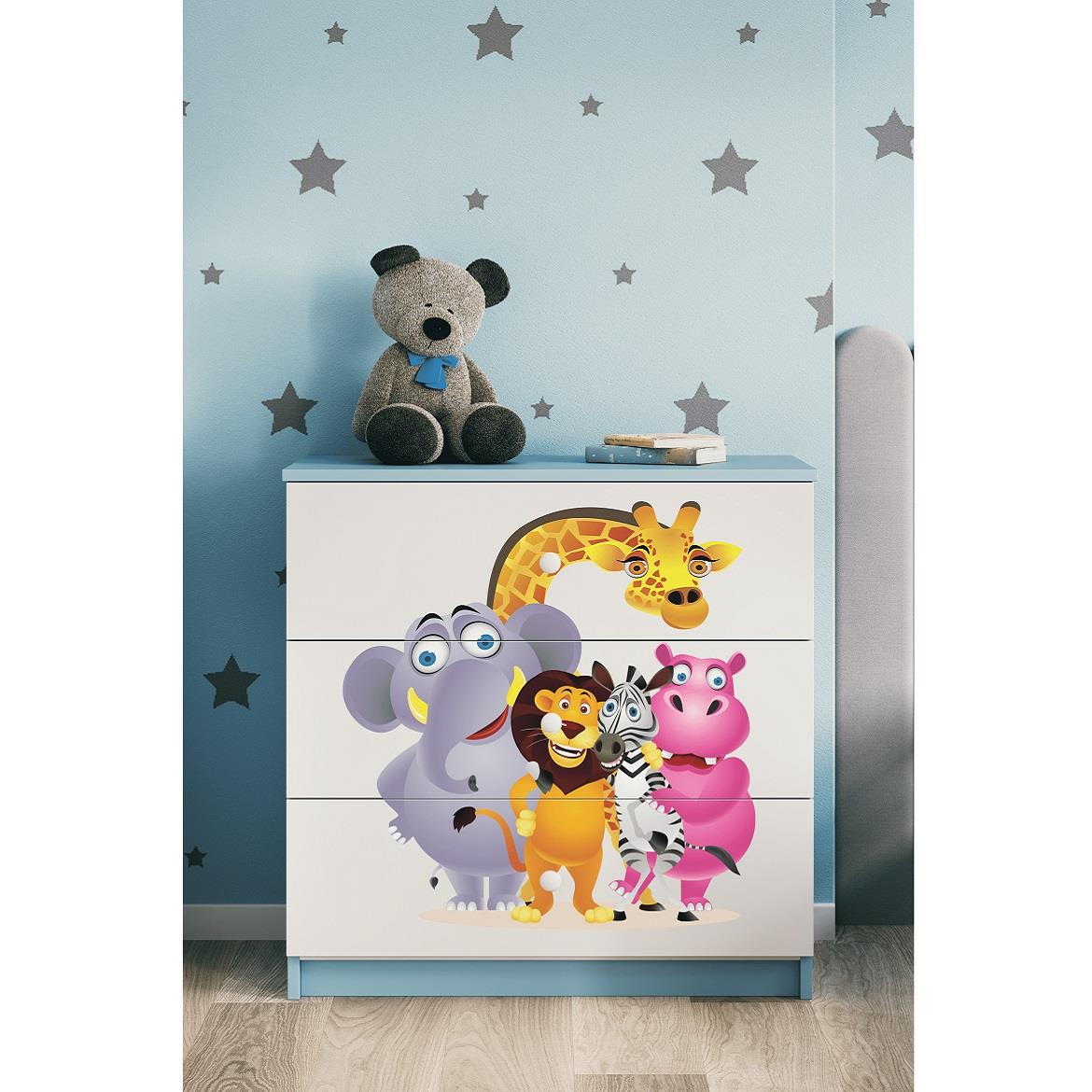 Babydreams komoda 3 fioke 81x41x80,5 cm plava/bela/print zoo