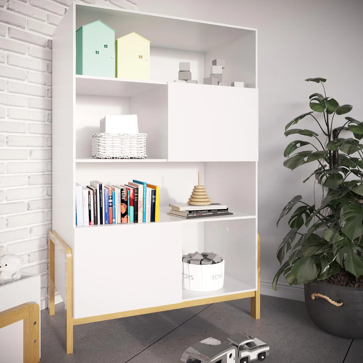 Victor polica 2 vrata+4 otvora 90x40x160 cm bela/natur