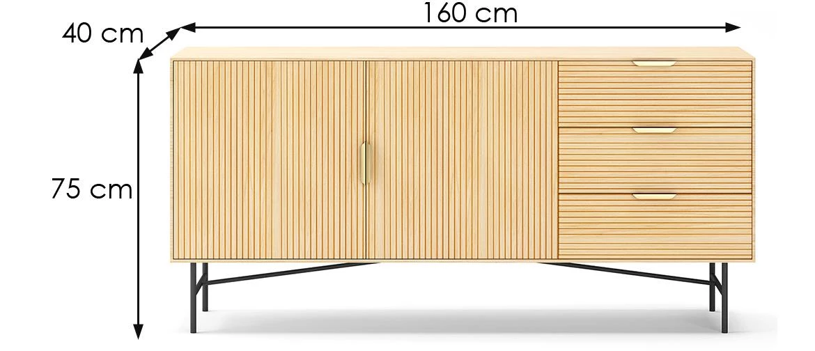 Bassel 2518 komoda 4 vrata+3 fioke 160x40x75 cm natur/crni metal