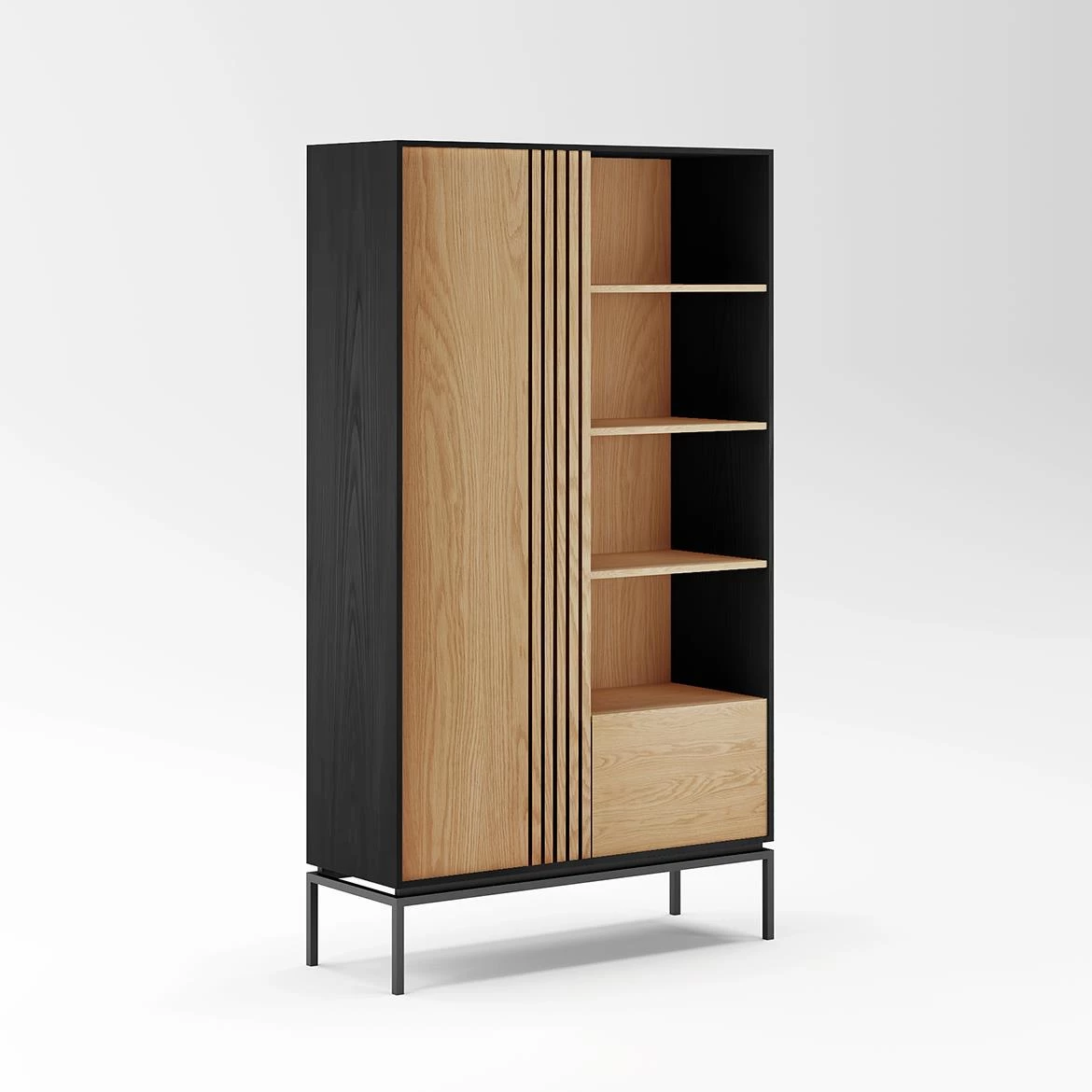 Svan polica 1 vrata+1 fioka+4 otvora 110x40x180 cm natur/crna