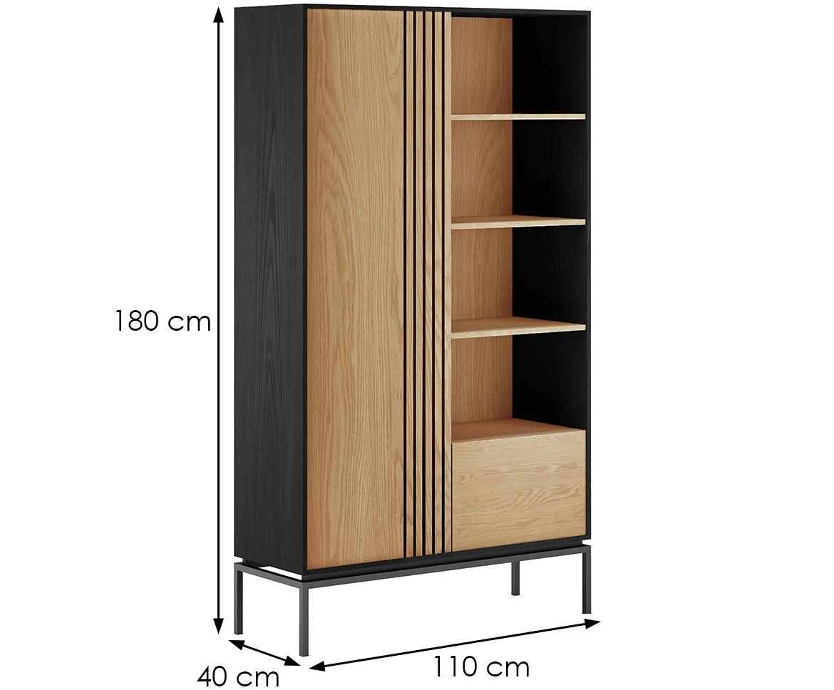 Svan polica 1 vrata+1 fioka+4 otvora 110x40x180 cm natur/crna