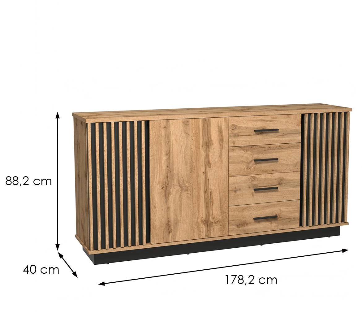 Lamelo A21 komoda 3 vrata+4 fioke 178,2x40x88,2 cm natur wotan hrast/crna