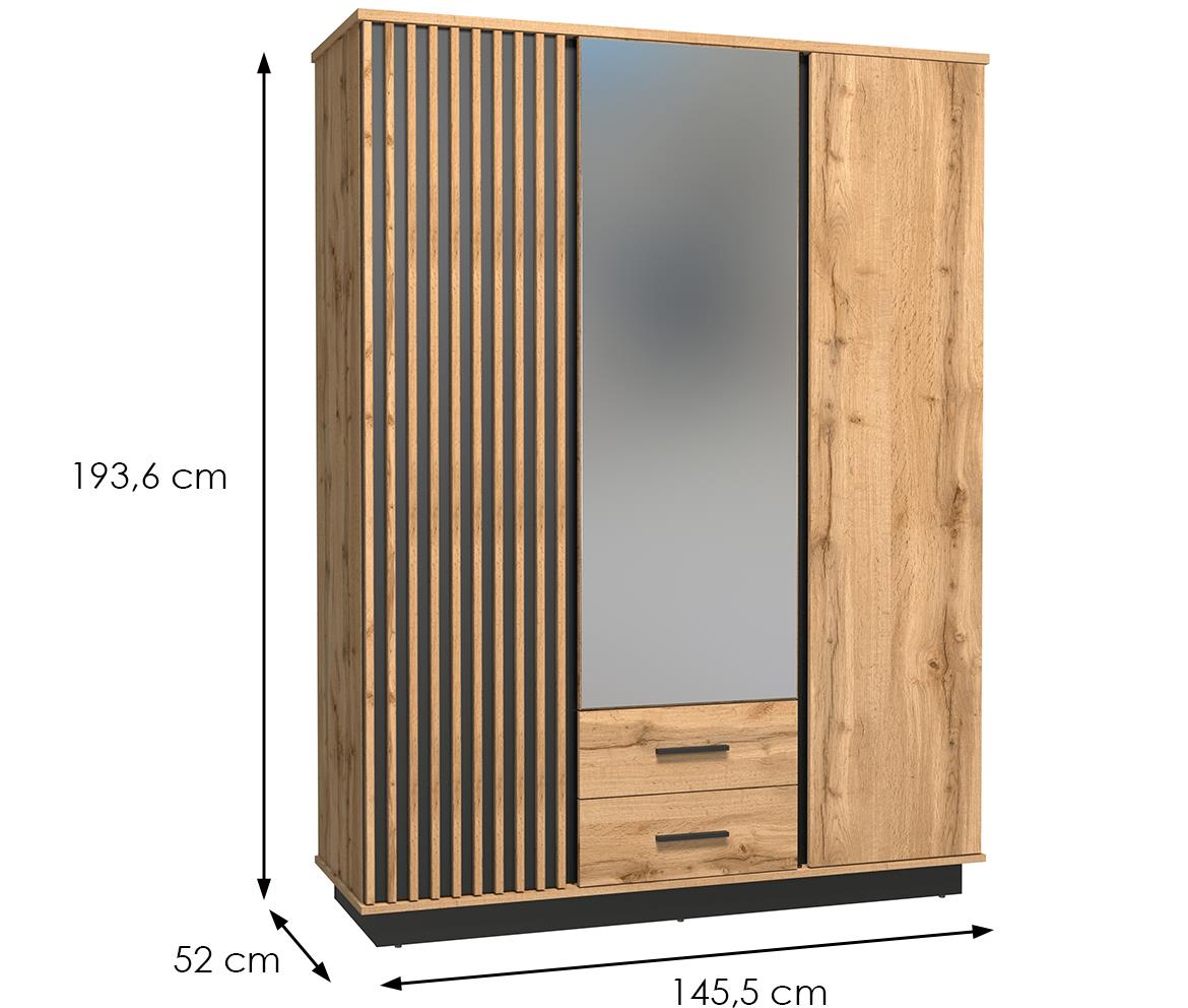 Lamelo LA15 ormar 3 vrata/ogledalo+2 fioke 145,5x52x193,6 cm natur (wotan hrast)/crni