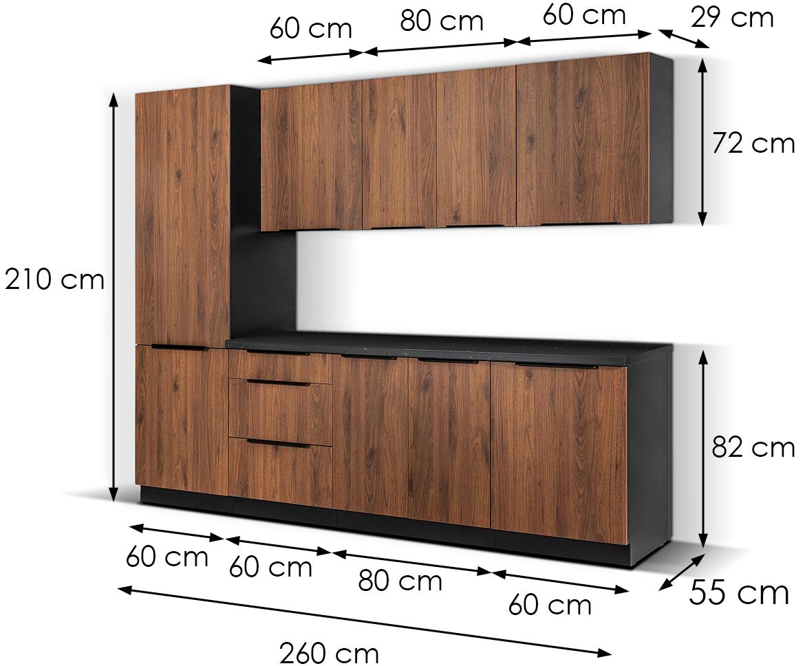 Monza blok kuhinja bez aparata 260x57,5x210 cm orah/crna