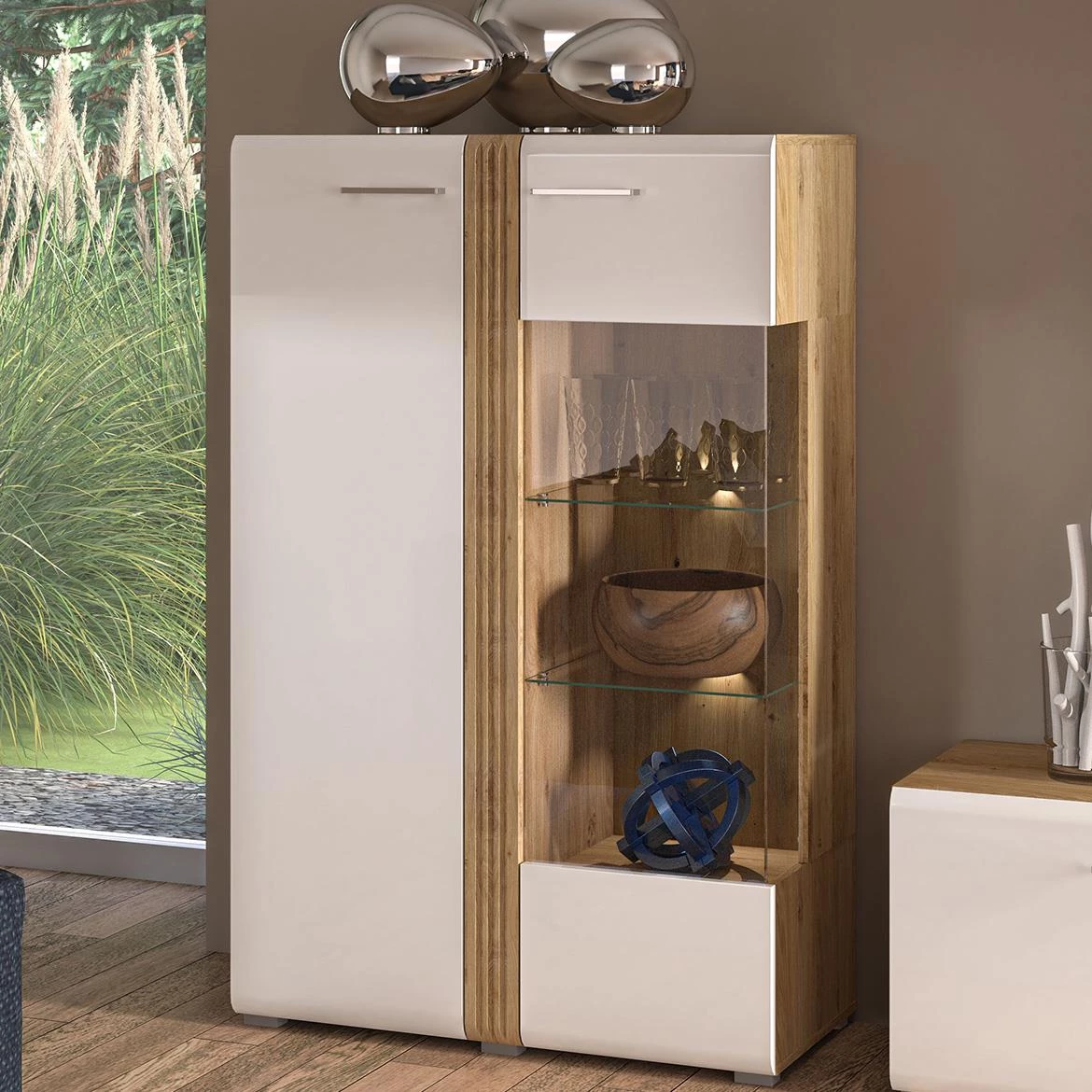 Adagio 03P vitrina 2 vrata 92x42x143 cm hrast/bela visoki sjaj