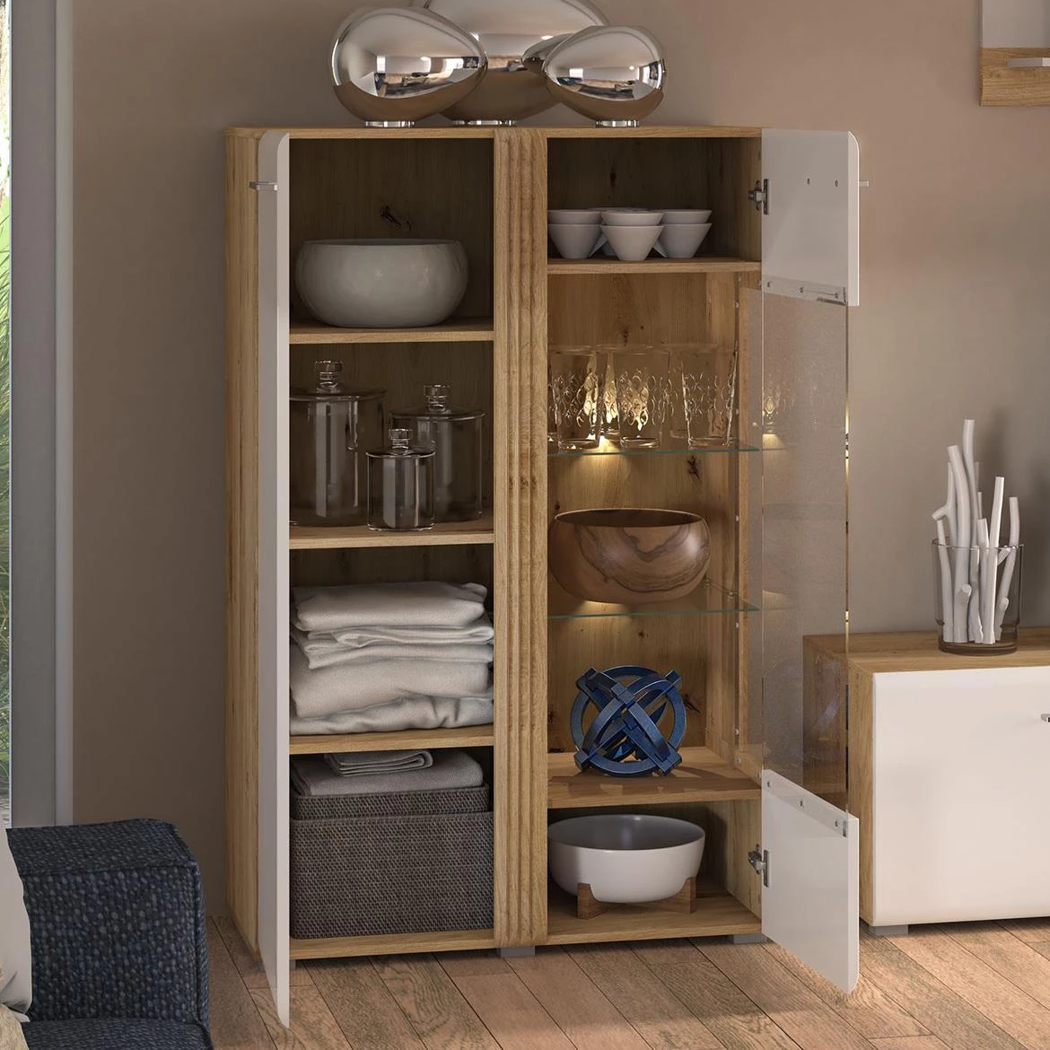 Adagio 03P vitrina 2 vrata 92x42x143 cm hrast/bela visoki sjaj