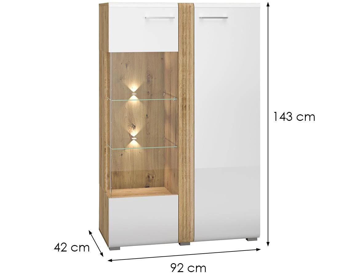 Adagio 03L vitrina 2 vrata 92x42x143 cm hrast/bela visoki sjaj