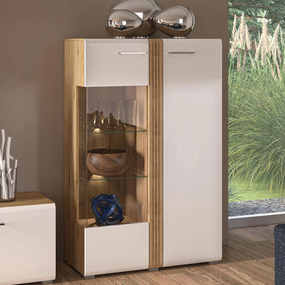 Adagio 03L vitrina 2 vrata 92x42x143 cm hrast/bela visoki sjaj