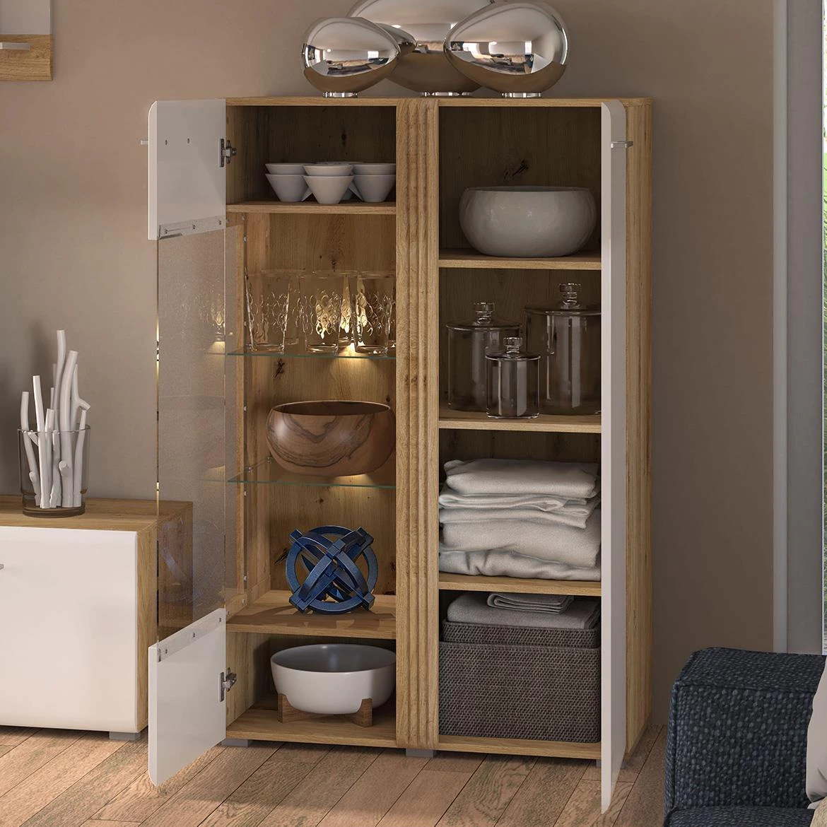 Adagio 03L vitrina 2 vrata 92x42x143 cm hrast/bela visoki sjaj