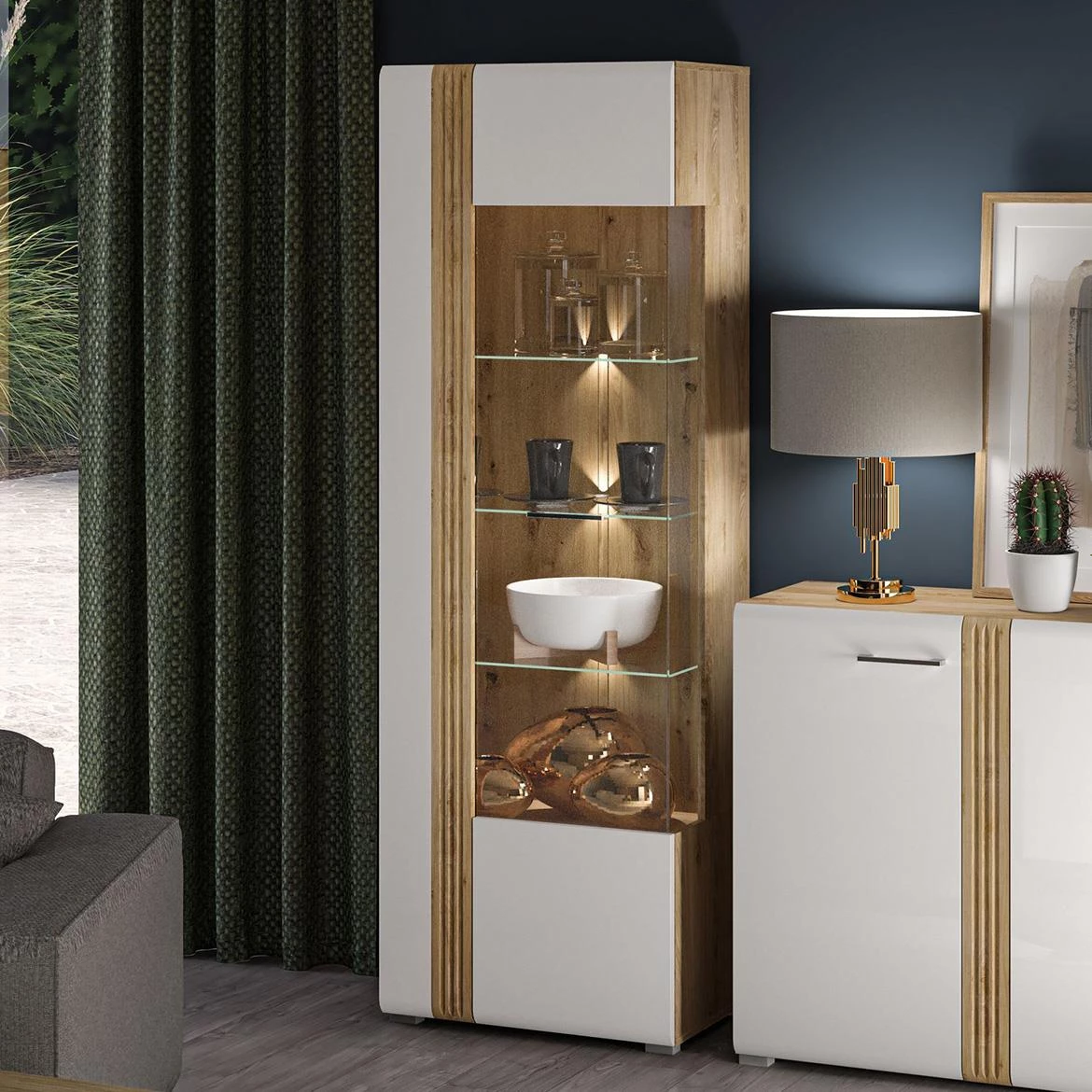 Adagio 02P vitrina 65x42x196 cm hrast/bela visoki sjaj