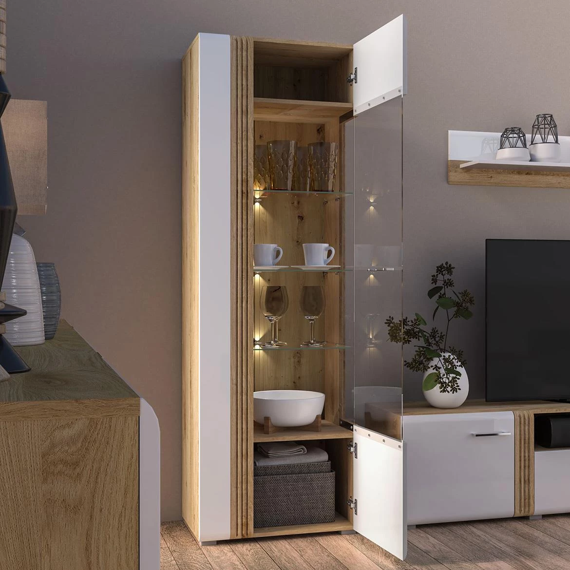 Adagio 02P vitrina 65x42x196 cm hrast/bela visoki sjaj