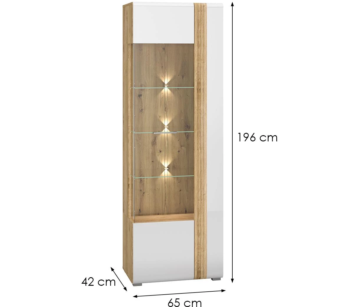 Adagio 02L vitrina 1 vrata 65x42x196 cm hrast/bela visoki sjaj