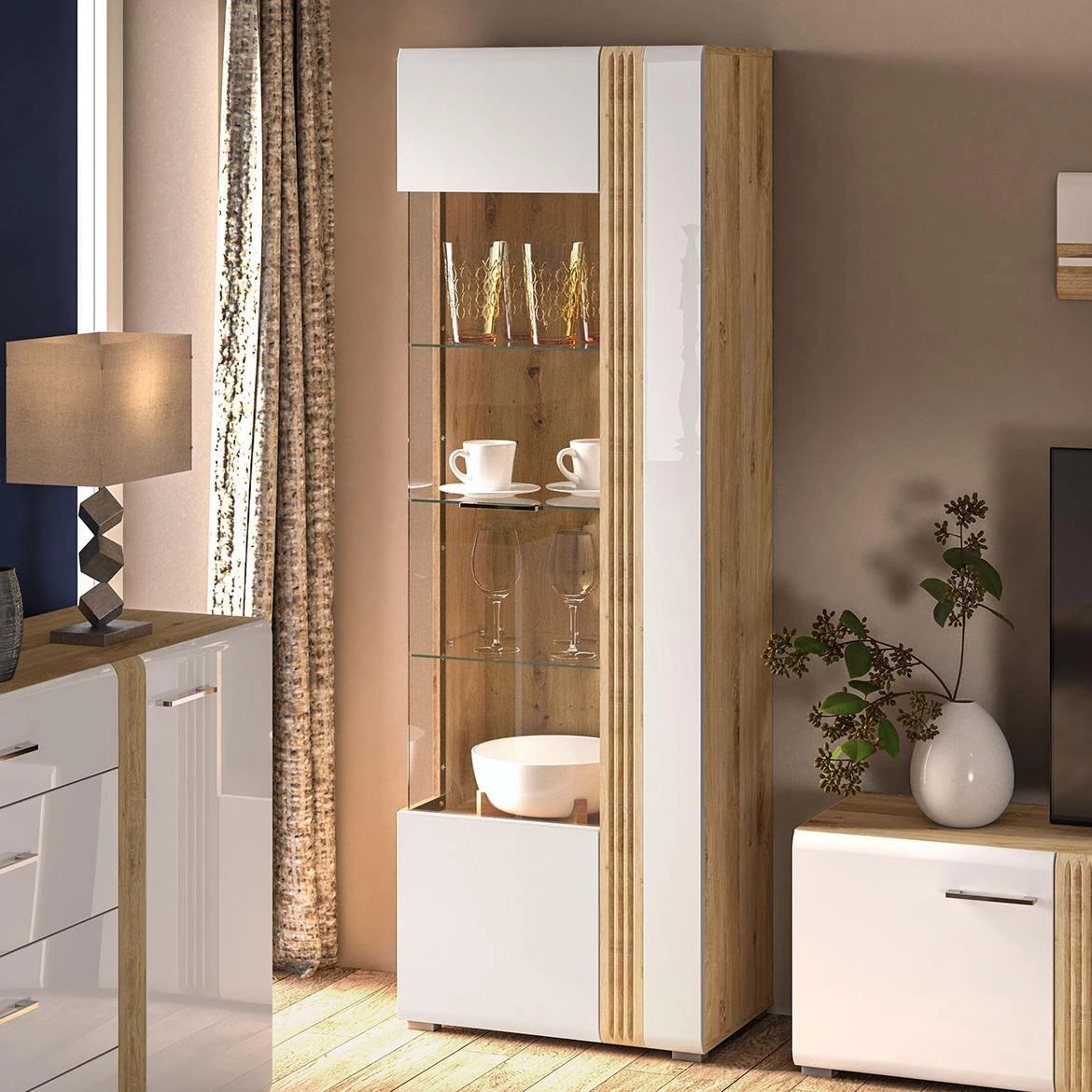 Adagio 02L vitrina 1 vrata 65x42x196 cm hrast/bela visoki sjaj