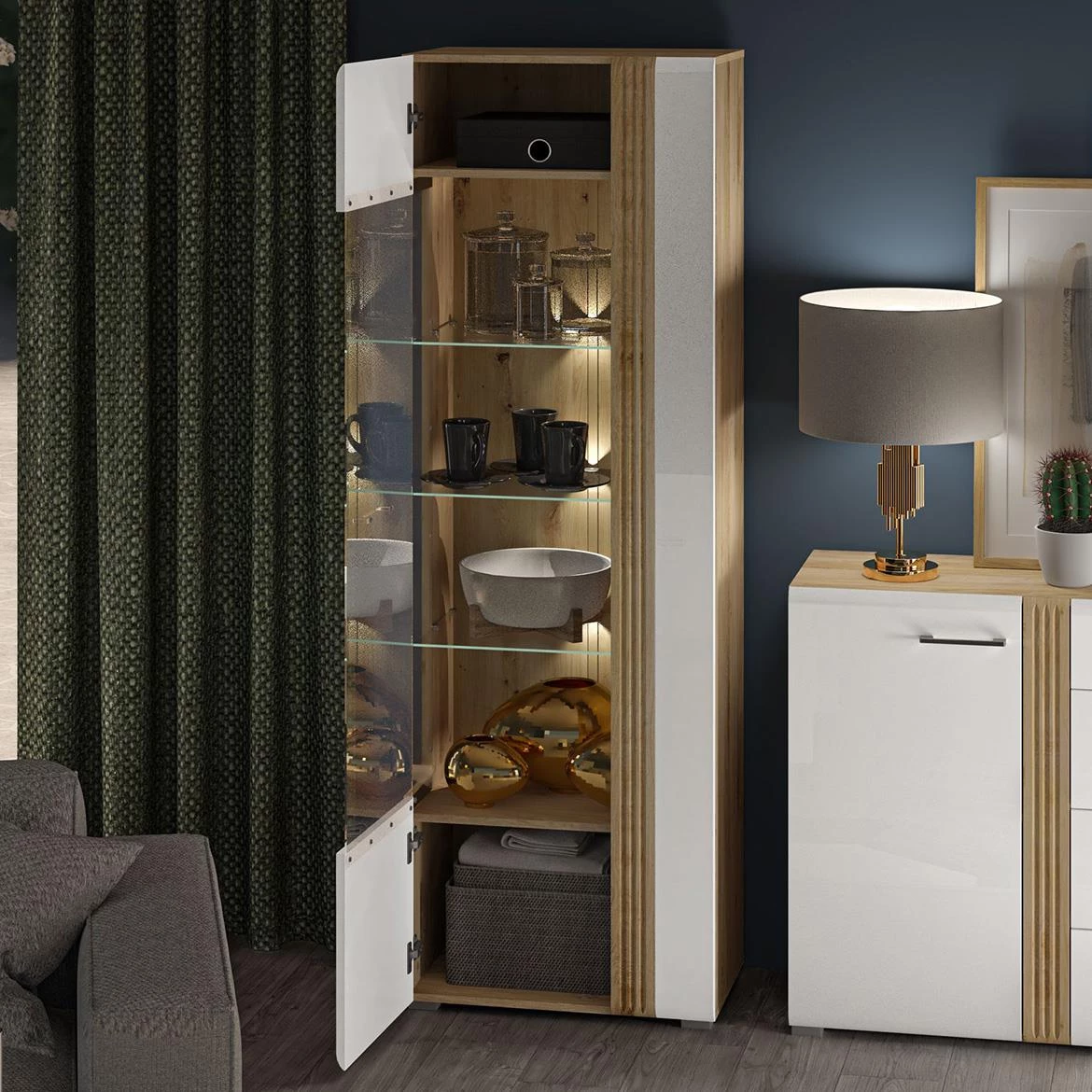 Adagio 02L vitrina 1 vrata 65x42x196 cm hrast/bela visoki sjaj