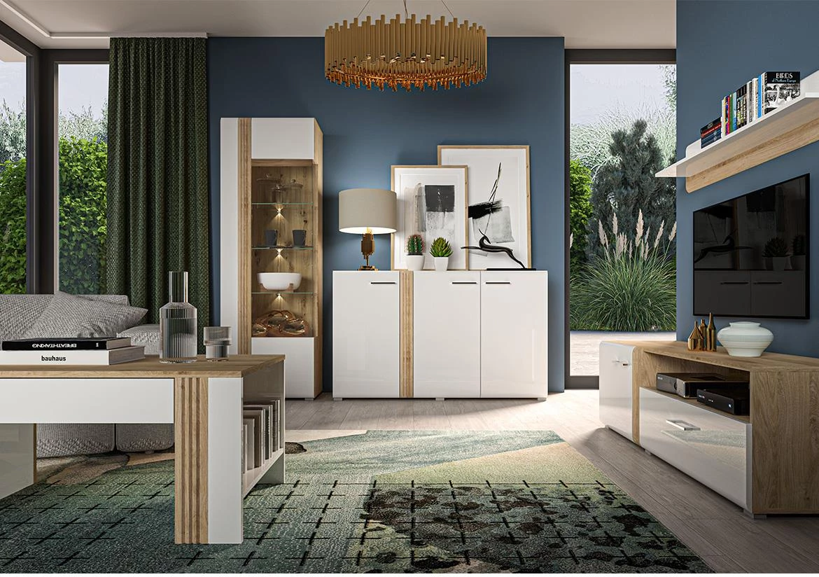 Adagio 02L vitrina 1 vrata 65x42x196 cm hrast/bela visoki sjaj