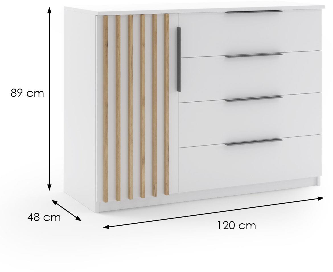 Kair komoda 1 vrata+4 fioke 120x48x89 bela/hrast