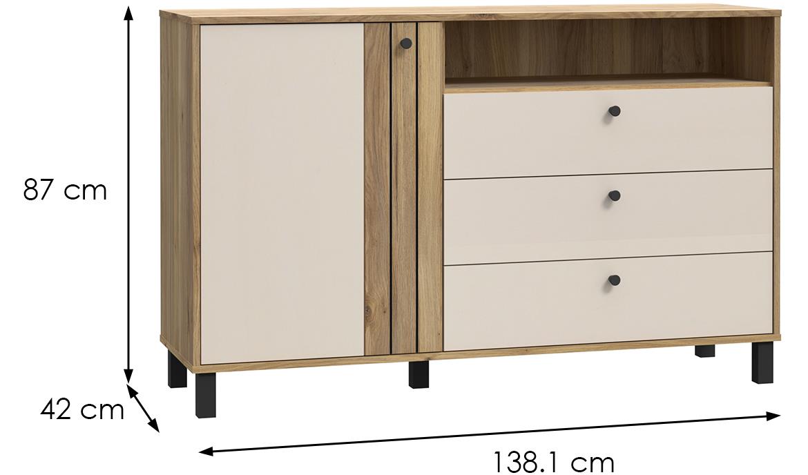 Killarney KQLK222L komoda 1 vrata+3 fioke+1 otvor 138,1x42x87 cm bež/hrast