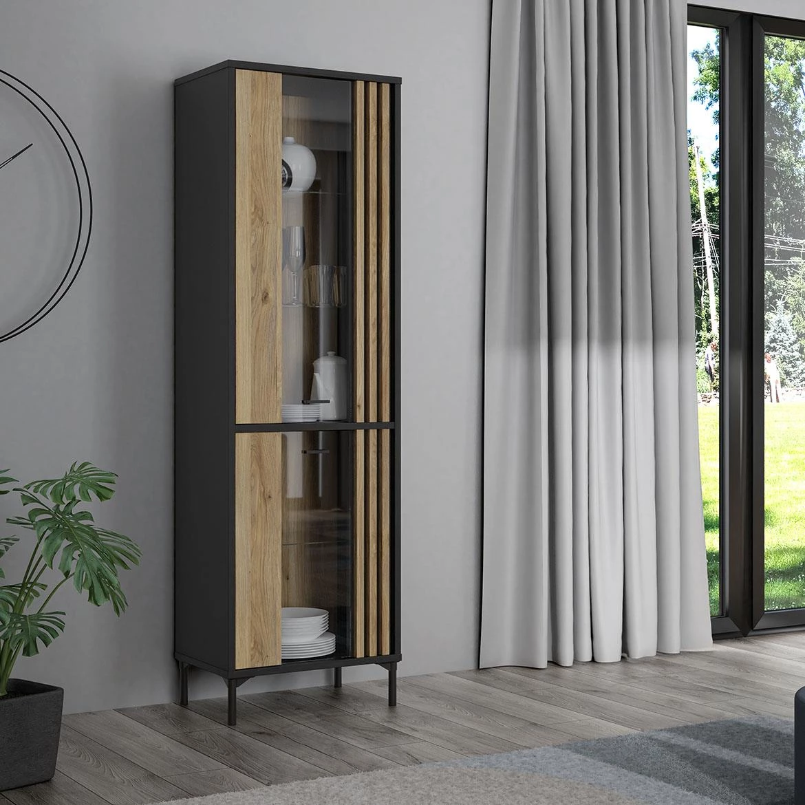 Figila JMXV721-M637 vitrina 2 vrata 59x41,5x197,4 cm crna/natur(artisan hrast)