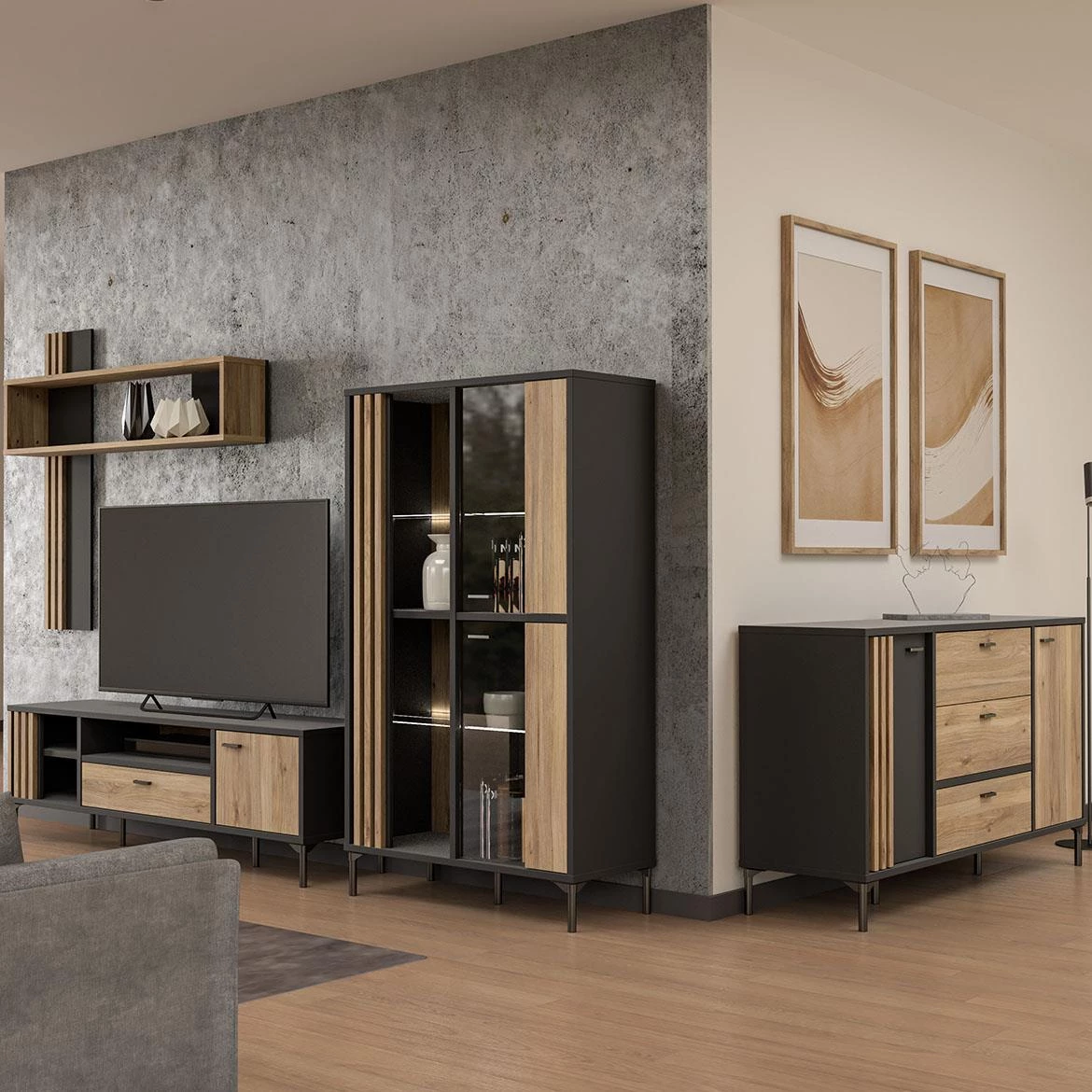 Figila JMXV721-M637 vitrina 2 vrata 59x41,5x197,4 cm crna/natur(artisan hrast)