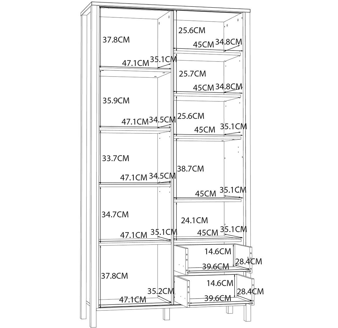 Alanya JTNR722 L-M635 vitrina 1+1 vrata+2 fioke 103,4x40,2x200,3 cm hrast/crni