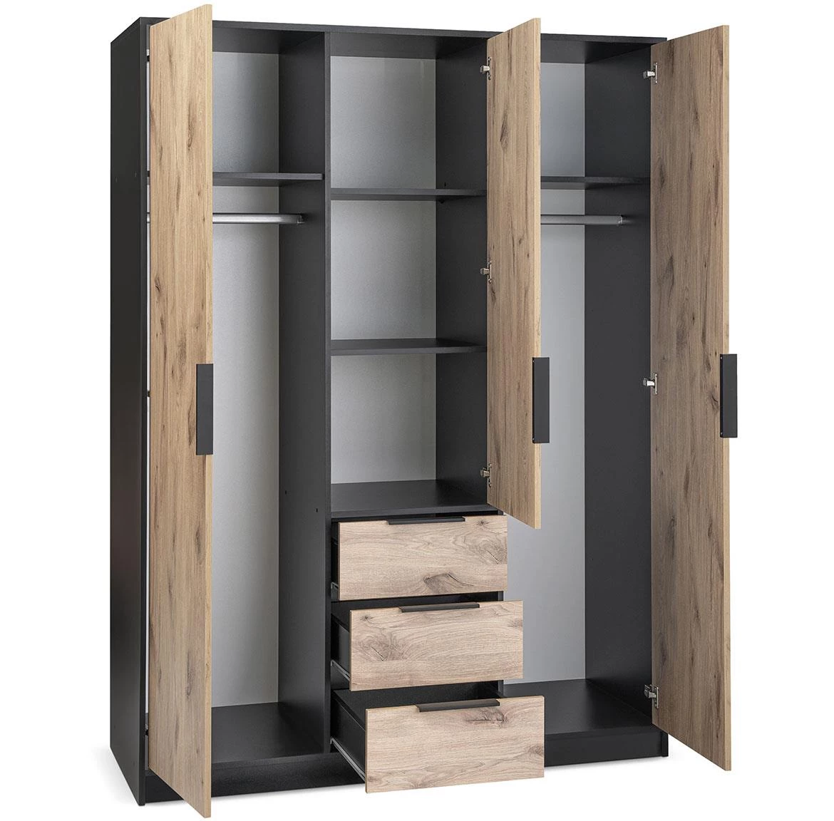 Duarte ormar 3 vrata/ogledalo+3 fioke 149x57,5x200 cm crni/tamni hrast