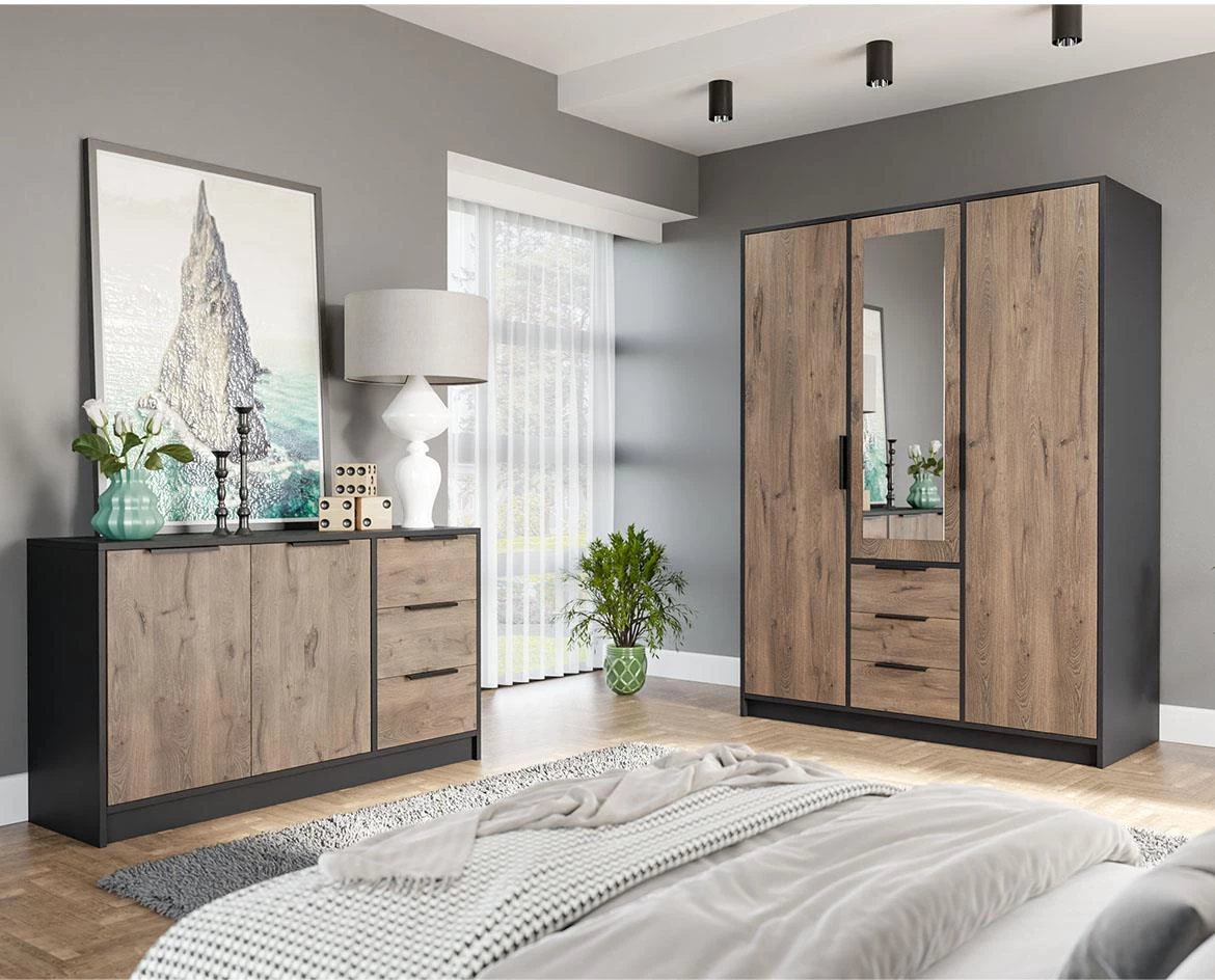 Duarte ormar 3 vrata/ogledalo+3 fioke 149x57,5x200 cm crni/tamni hrast