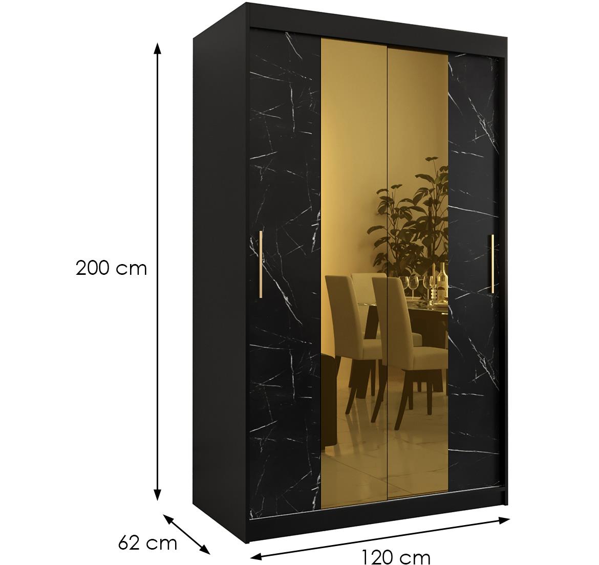 Platinum Pole T1 klizni ormar 2 vrata/ogledalo 120x62x200 cm crni/prit crnog mermera/zlatni