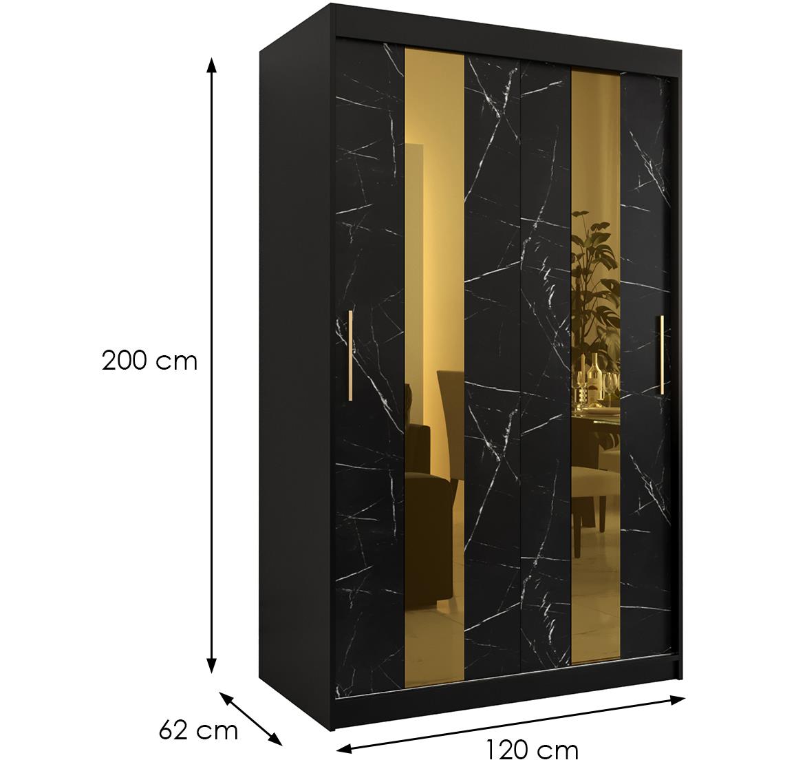 Platinum Pole klizni ormar 2 vrata/ogledalo 120x62x200 cm crni/prit crnog mermera/zlatni