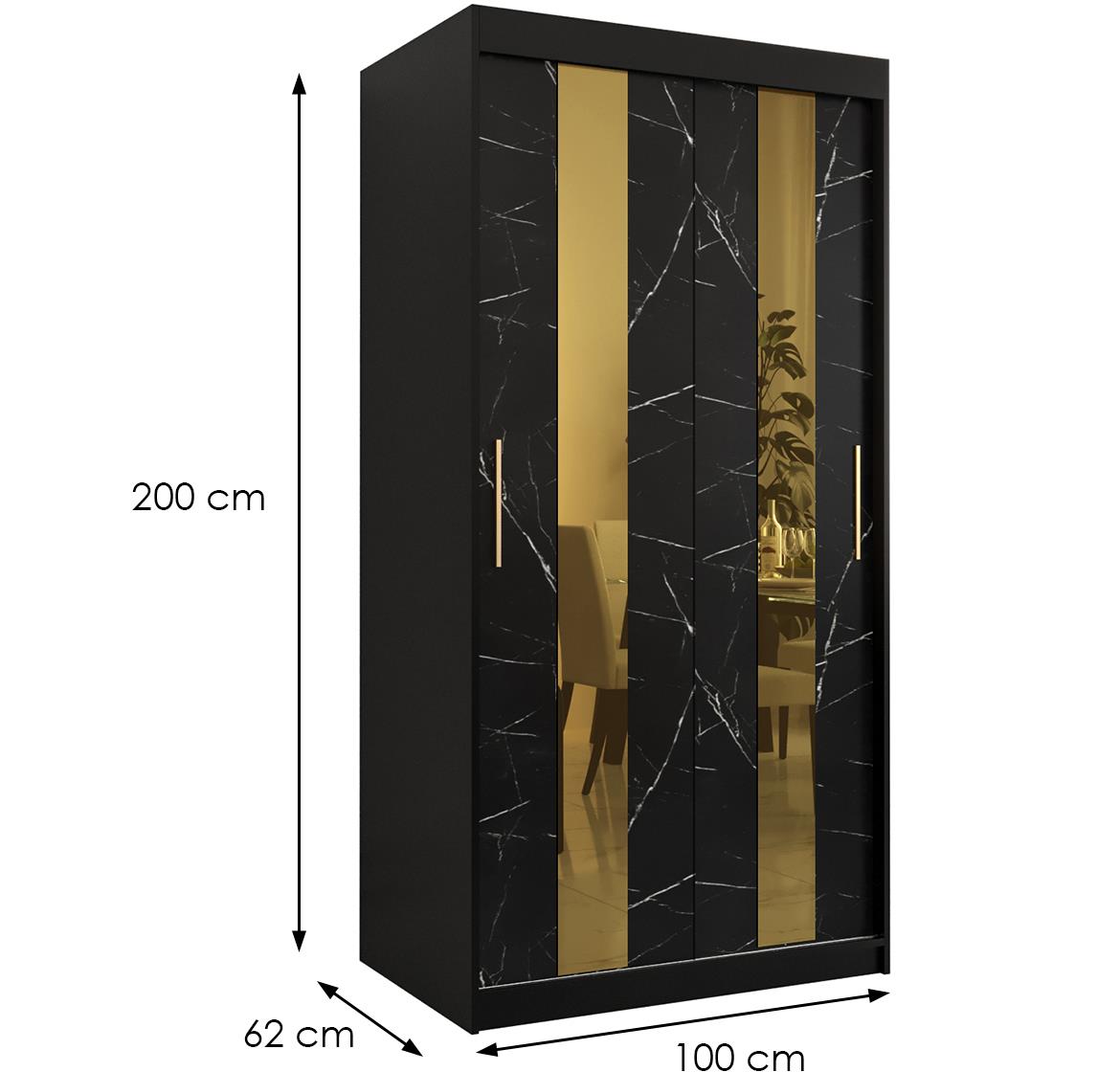 Platinum Pole klizni ormar 2 vrata/ogledalo 100x62x200 cm crni/prit crnog mermera/zlatni