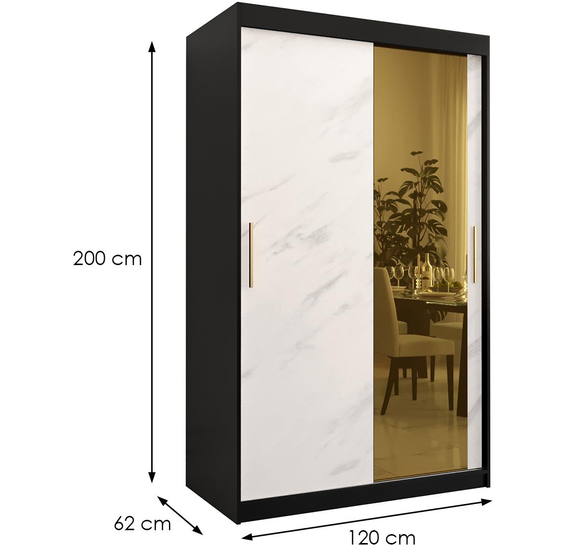 Platinum Pole T2 klizni ormar 2 vrata/ogledalo 120x62x200 cm crni/print belog mermera/zlatni