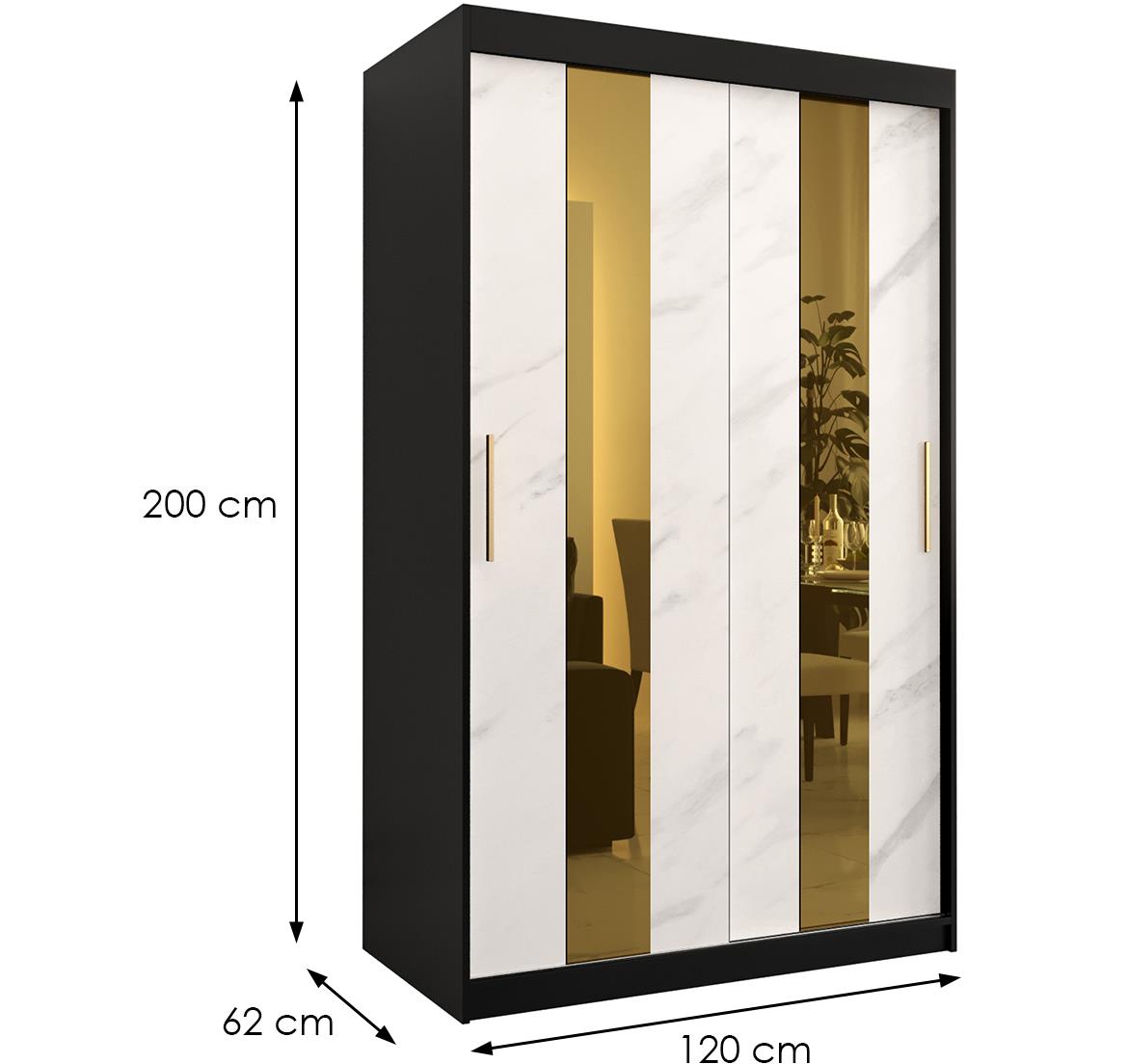 Platinum Pole klizni ormar 2 vrata/ogledalo 120x62x200 cm crni/print belog mermera/zlatni