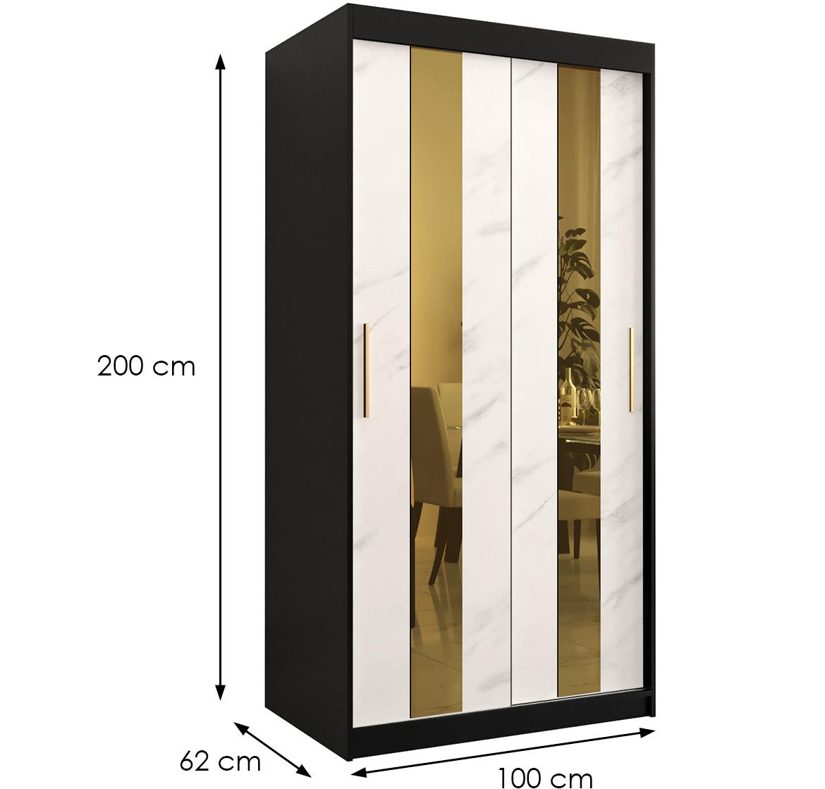 Platinum Pole klizni ormar 2 vrata/ogledalo 100x62x200 cm crni/print belog mermera/zlatni