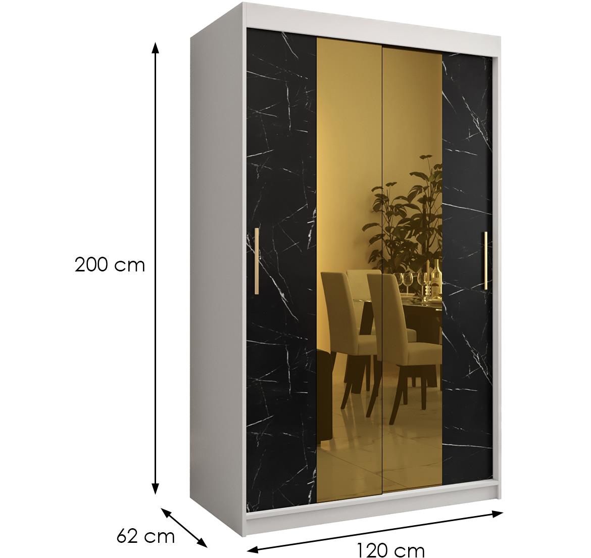 Platinum Pole T1 klizni ormar 2 vrata/ogledalo 120x62x200 cm beli/print crnog mermera/zlatni