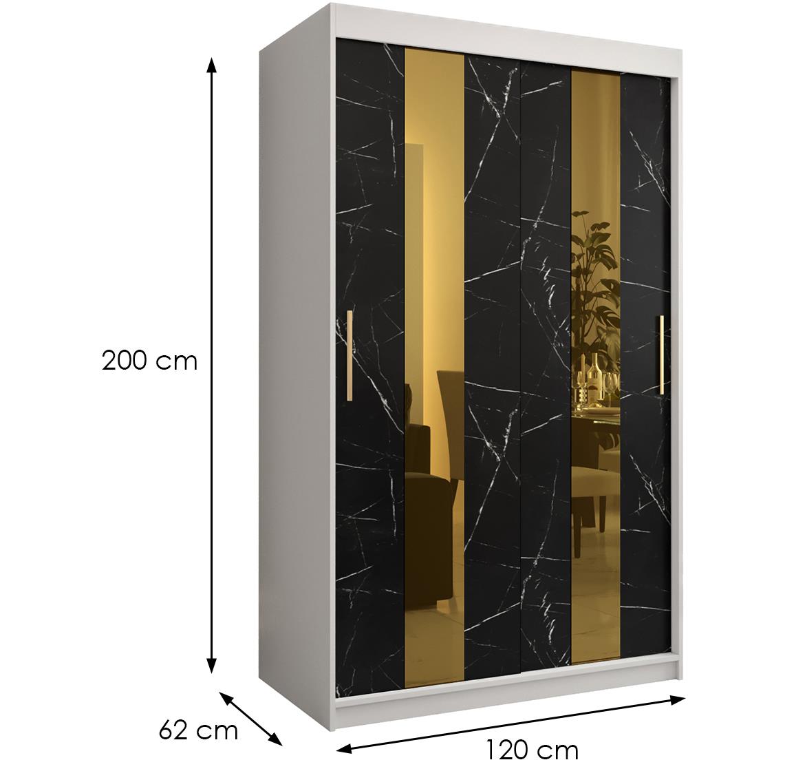 Platinum Pole klizni ormar 2 vrata/ogledalo 120x62x200 cm beli/print crnog mermera/zlatni