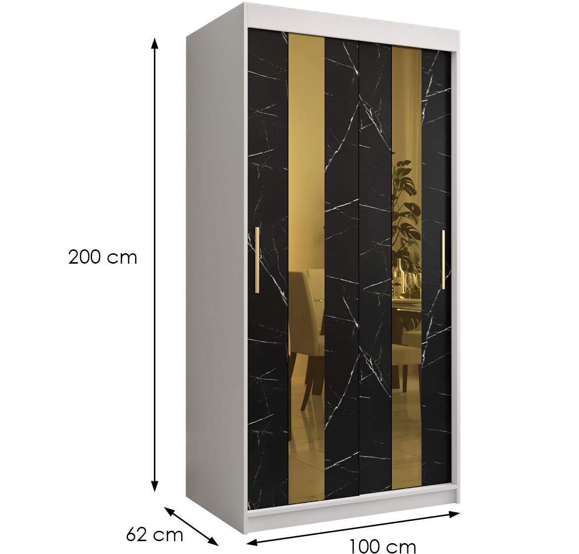 Platinum Pole klizni ormar 2 vrata/ogledalo 100x62x200 cm beli/print crnog mermera/zlatni