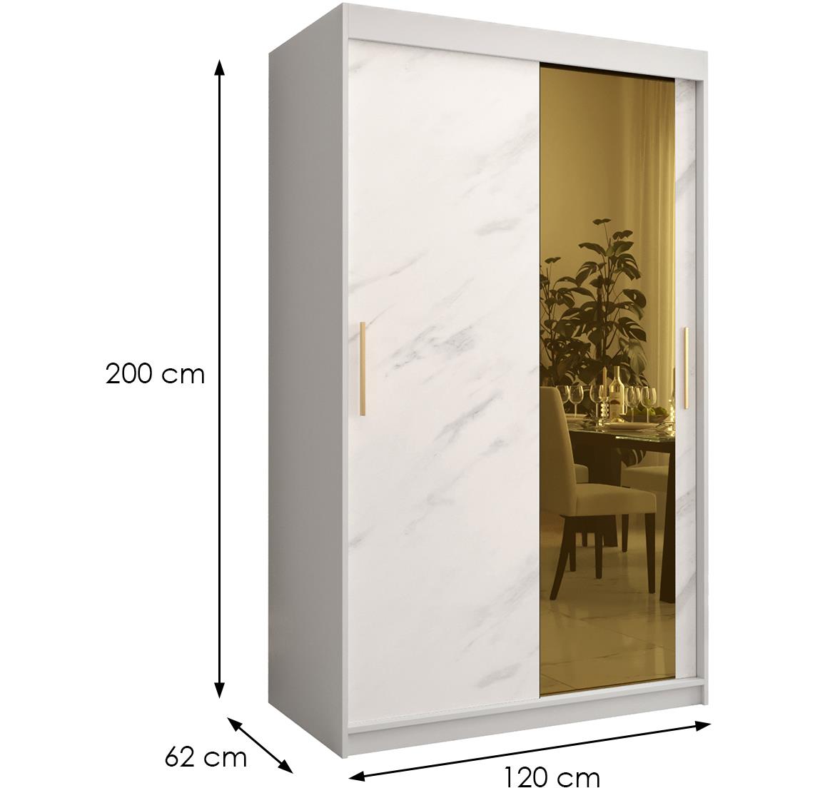 Platinum Pole T2 klizni ormar 2 vrata/ogledalo 120x62x200 cm beli/print mermera/zlatni