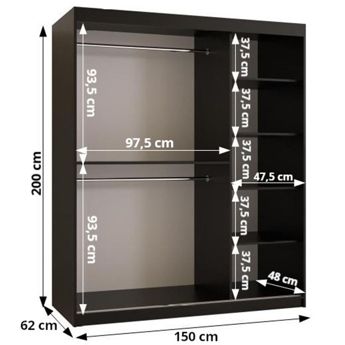 Walhalla klizni ormar 2 vrata 150x62x200 cm crni/sivi/natur