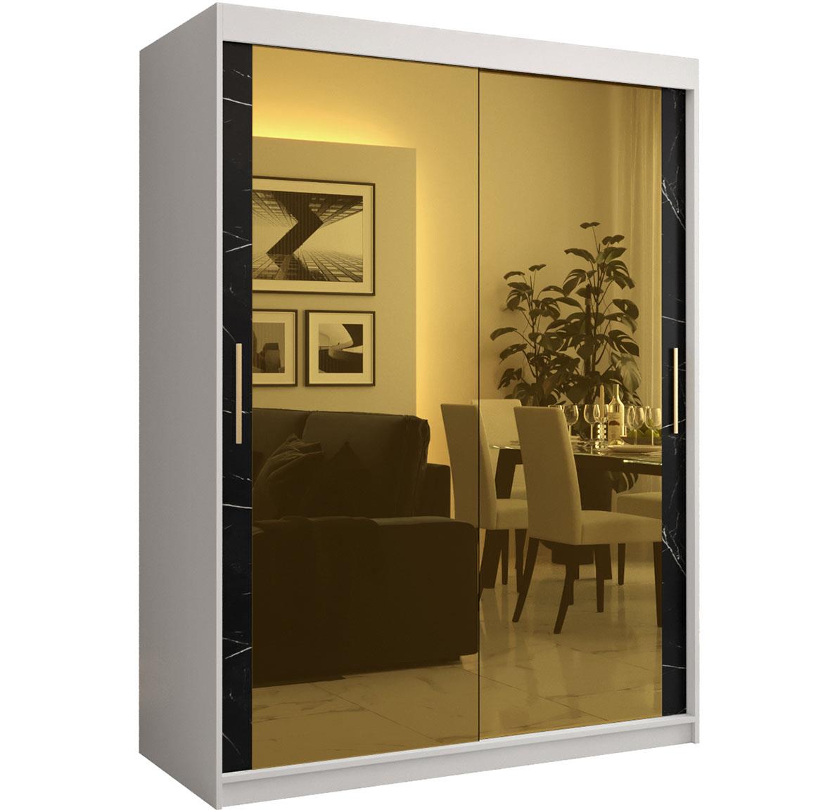 Platinum Pole T3 klizni ormar 2 vrata/ogledalo 150x62x200 cm beli/print crnog mermera/zlatni