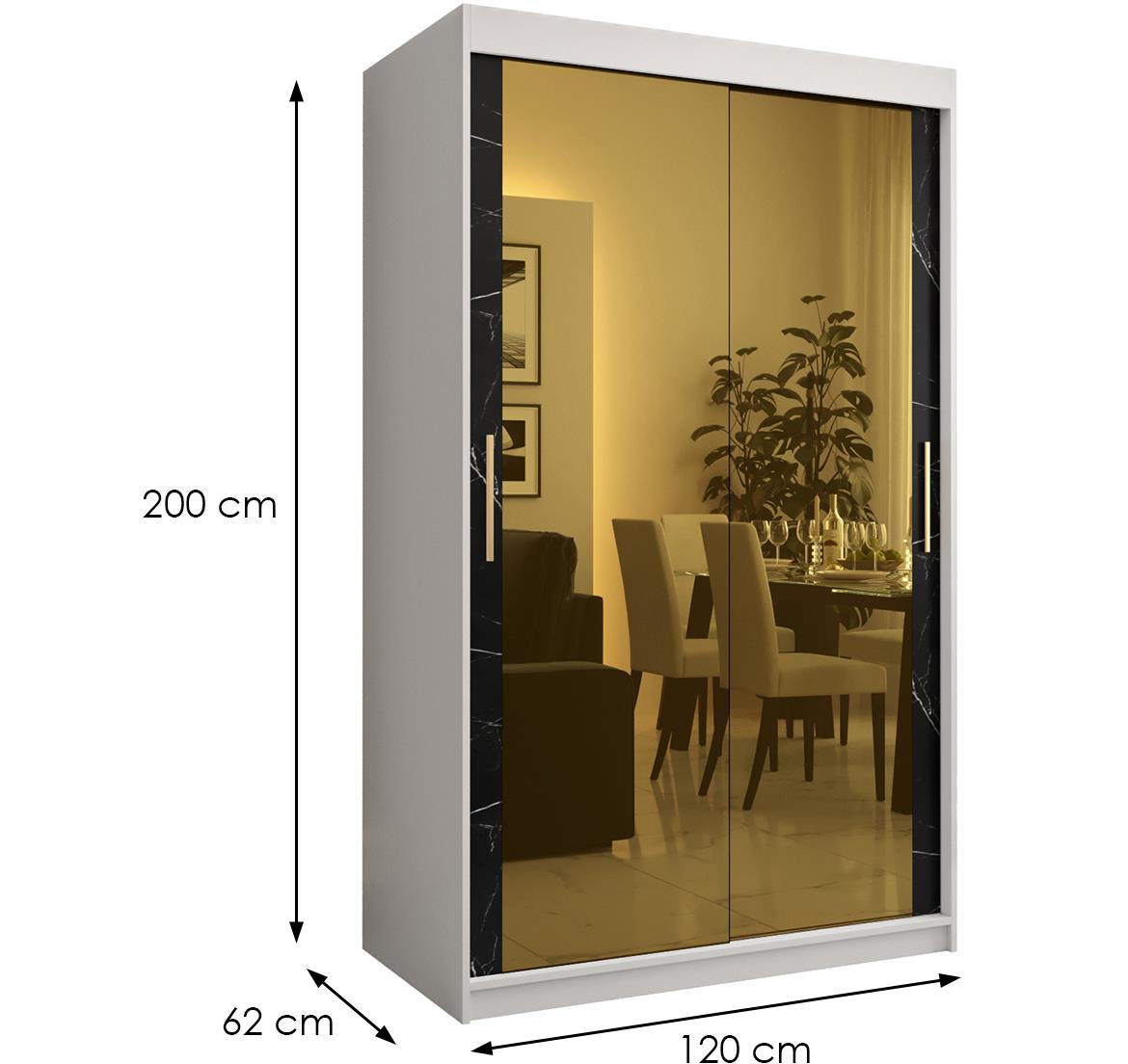 Platinum Pole T3 klizni ormar 2 vrata/ogledalo 120x62x200 cm beli/print crnog mermera/zlatni