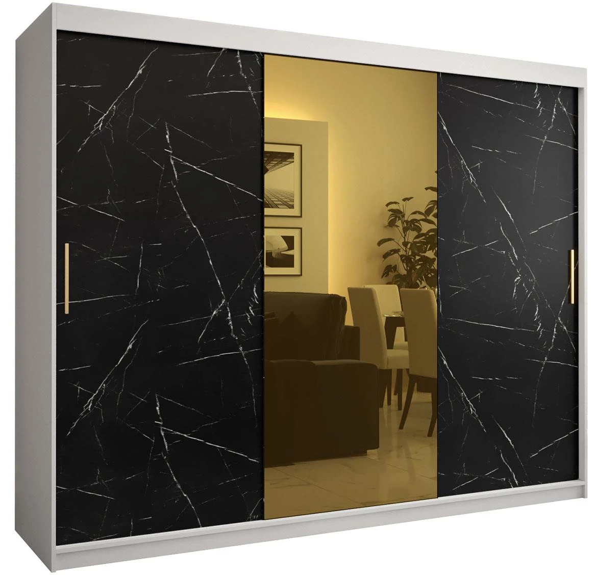 Platinum Pole T1 klizni ormar 3 vrata/ogledalo 250x62x200 cm beli/print crnog mermera/zlatni