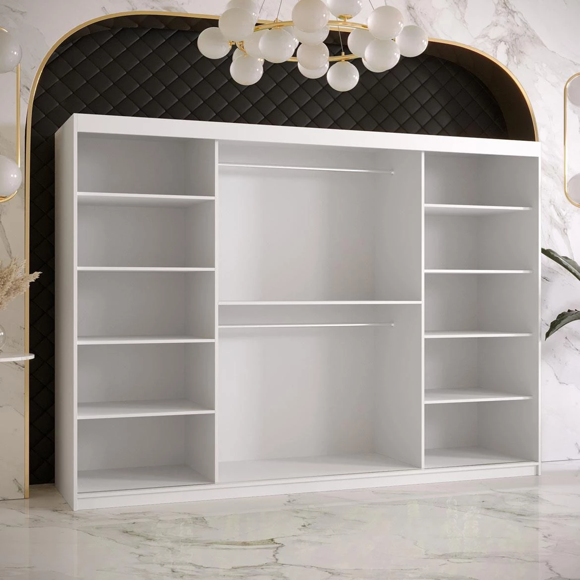 Platinum Pole T1 klizni ormar 3 vrata/ogledalo 250x62x200 cm beli/print crnog mermera/zlatni