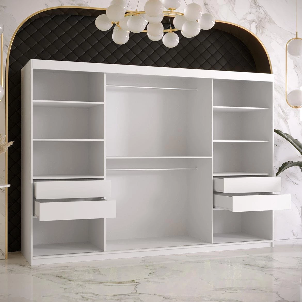 Platinum Pole T1 klizni ormar 3 vrata/ogledalo 250x62x200 cm beli/print crnog mermera/zlatni