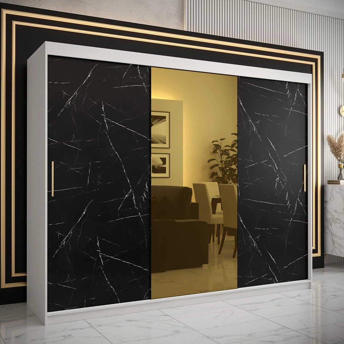 Platinum Pole T1 klizni ormar 3 vrata/ogledalo 250x62x200 cm beli/print crnog mermera/zlatni