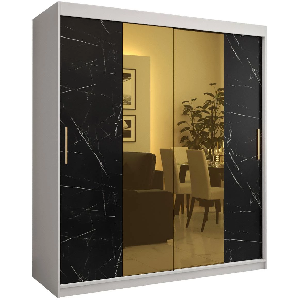 Platinum Pole T1 klizni ormar 2 vrata/ogledalo 180x62x200 cm beli/print crnog mermera/zlatni