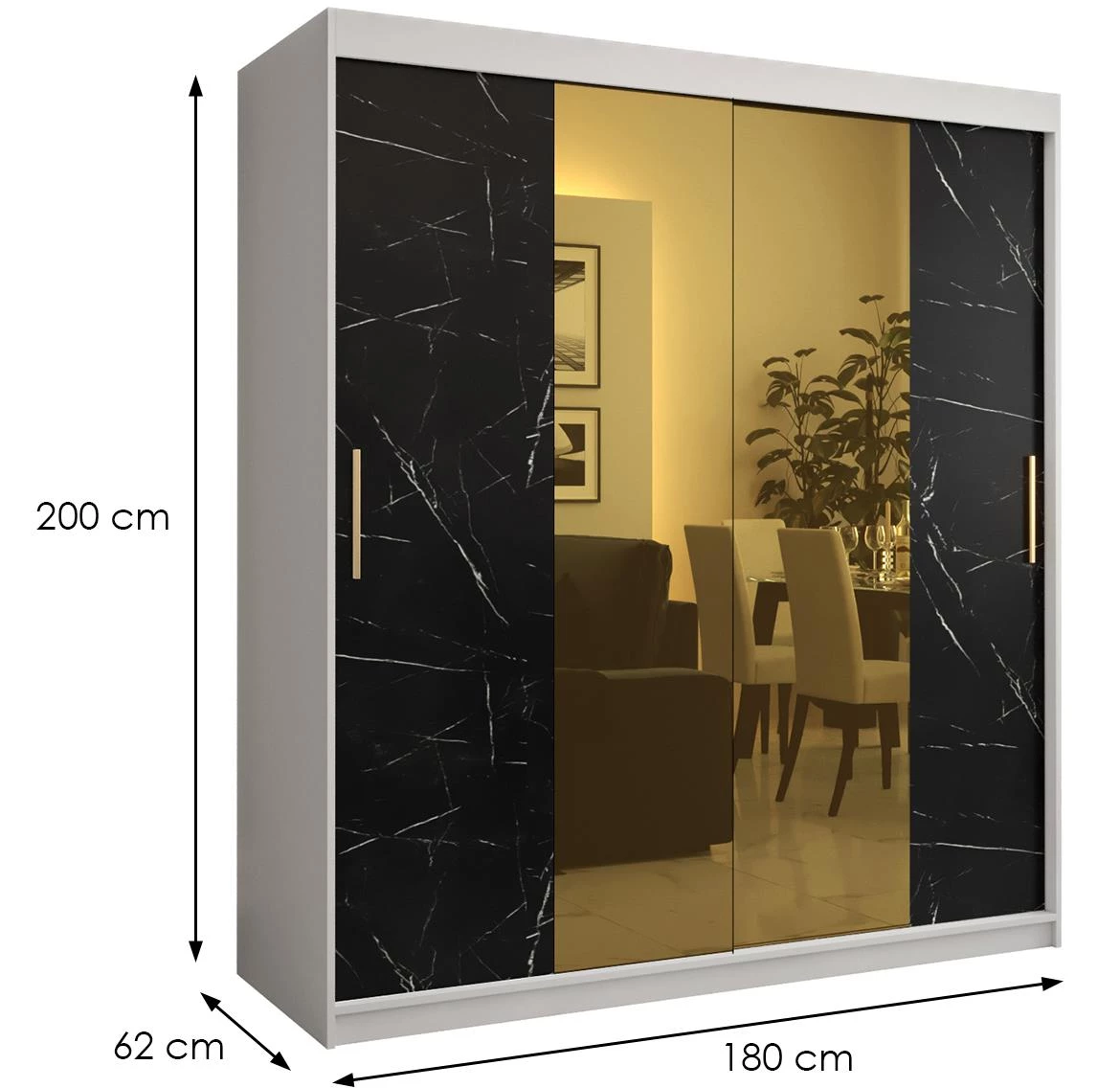 Platinum Pole T1 klizni ormar 2 vrata/ogledalo 180x62x200 cm beli/print crnog mermera/zlatni