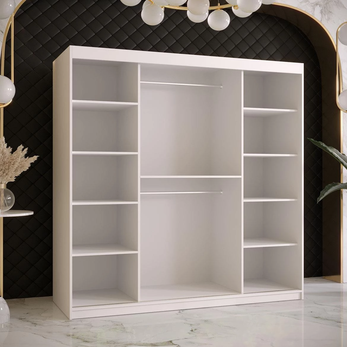 Platinum Pole T1 klizni ormar 2 vrata/ogledalo 180x62x200 cm beli/print crnog mermera/zlatni